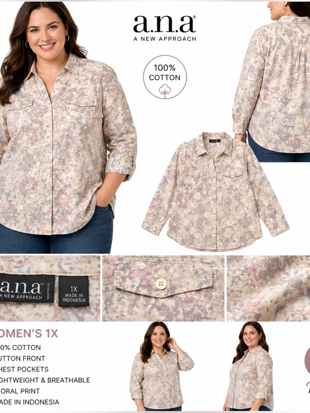 a.n.a Women’s 1X 100% Cotton Floral Button‎ Blouse Plus Size Lightweight Top